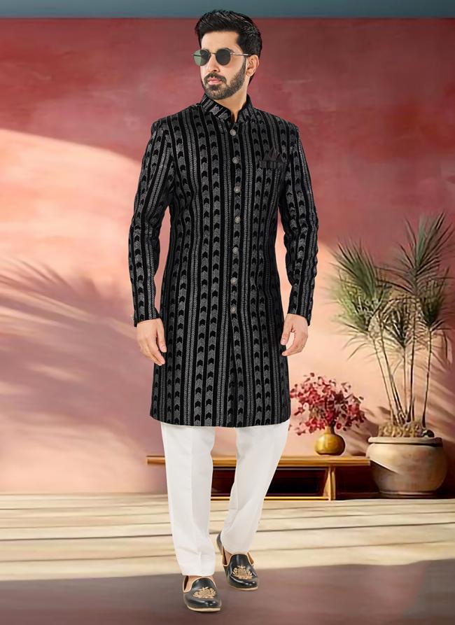 Velvet Black Wedding Wear Embroidery Work Readymade Sherwani